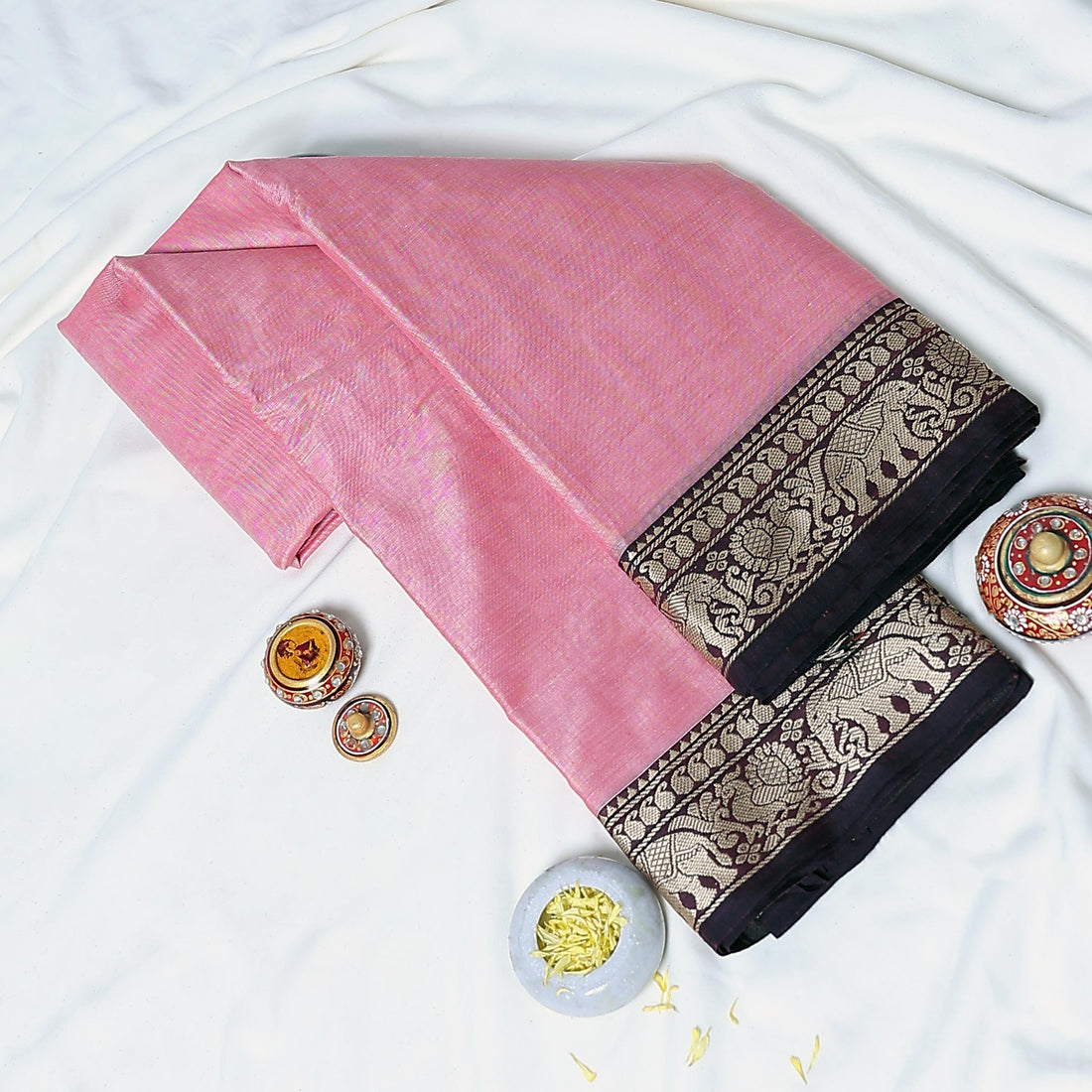 Mangalagiri Handloom Cotton Saree with Solid Body Peacock & Elephant Zari Woven Border - Full View