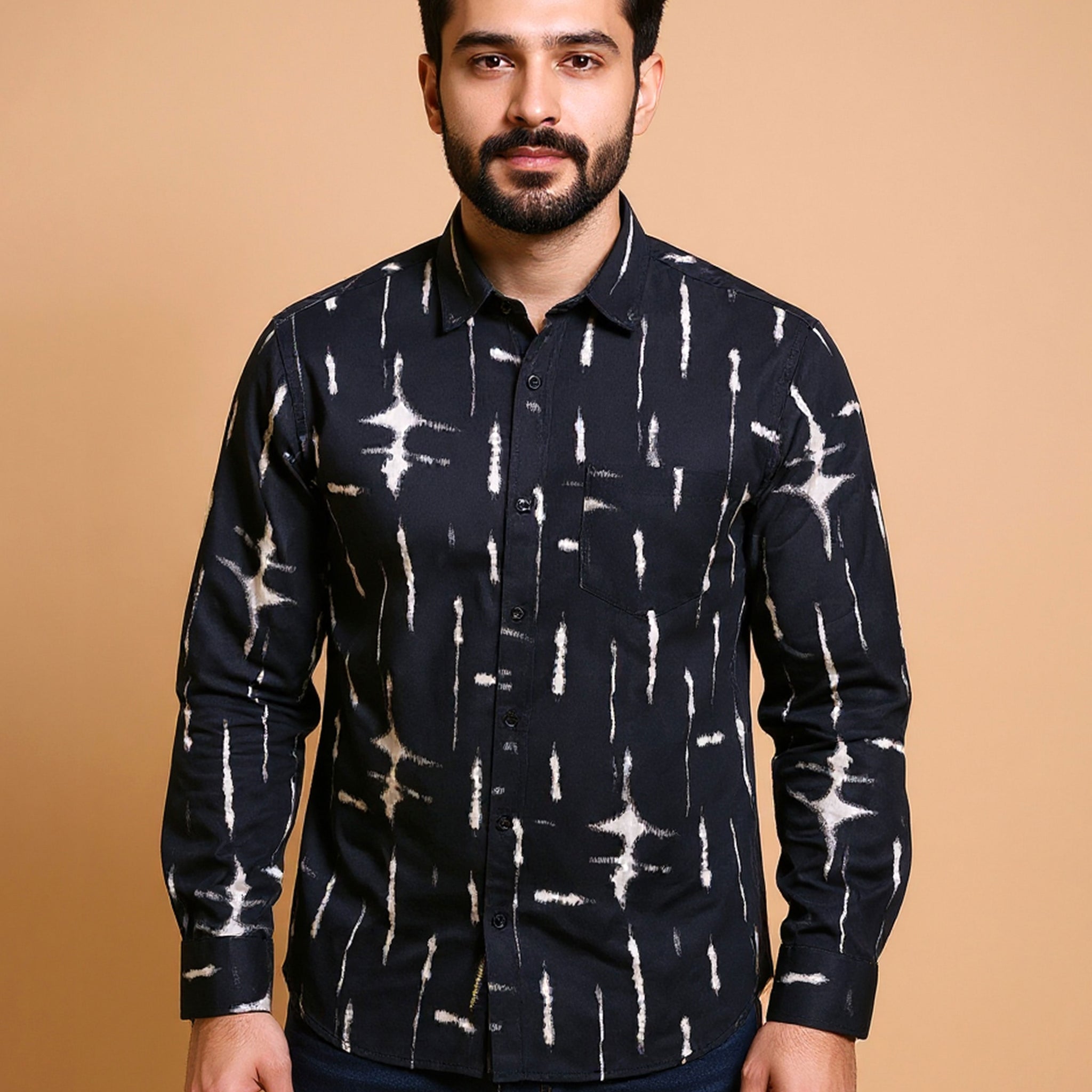 Men's Rocx Casual Shirt with Abstract Print and Spread Collar - Black