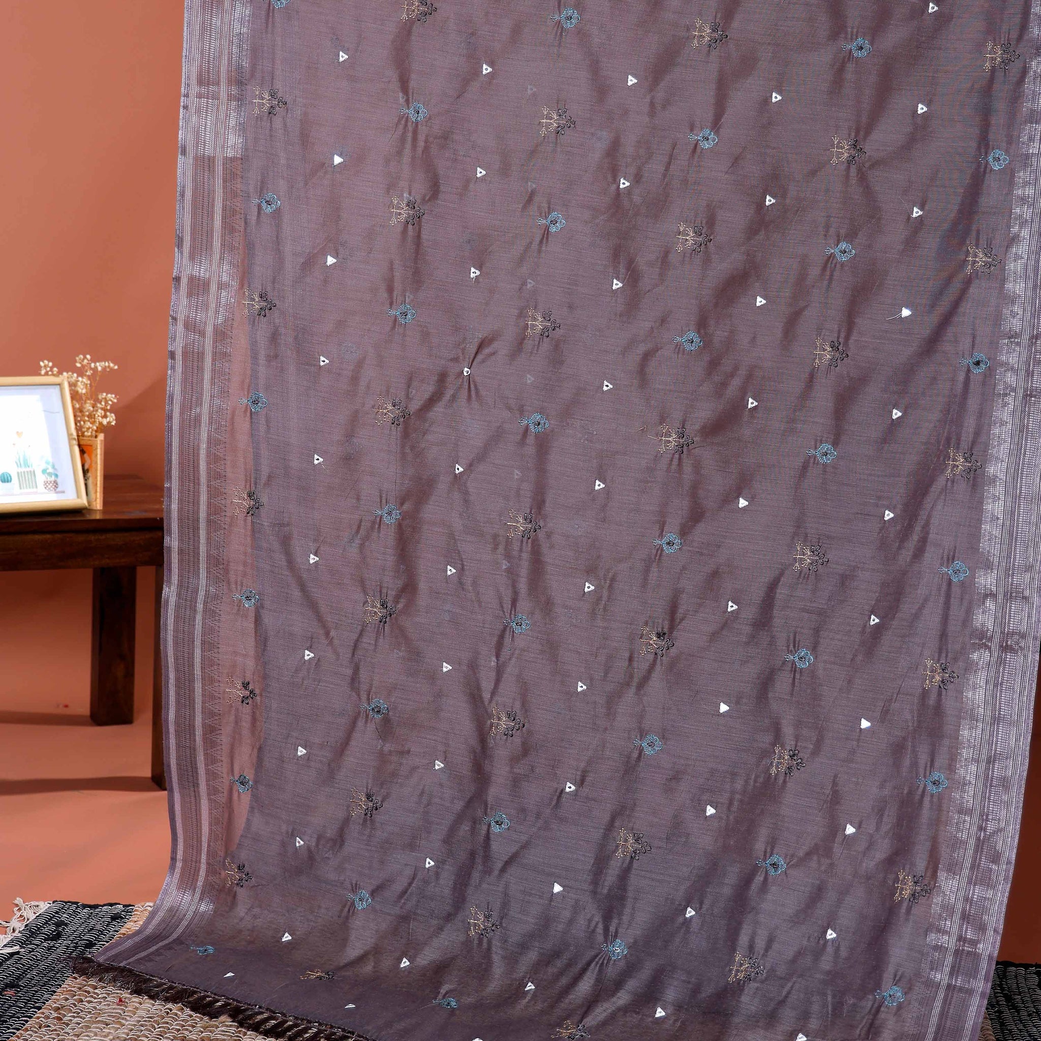 Elegant Linen Cotton Saree with Floral Embroidered and Tasselled Pallu - Dark Purple