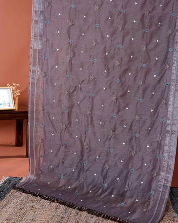 Elegant Linen Cotton Saree with Floral Embroidered and Tasselled Pallu - Dark Purple