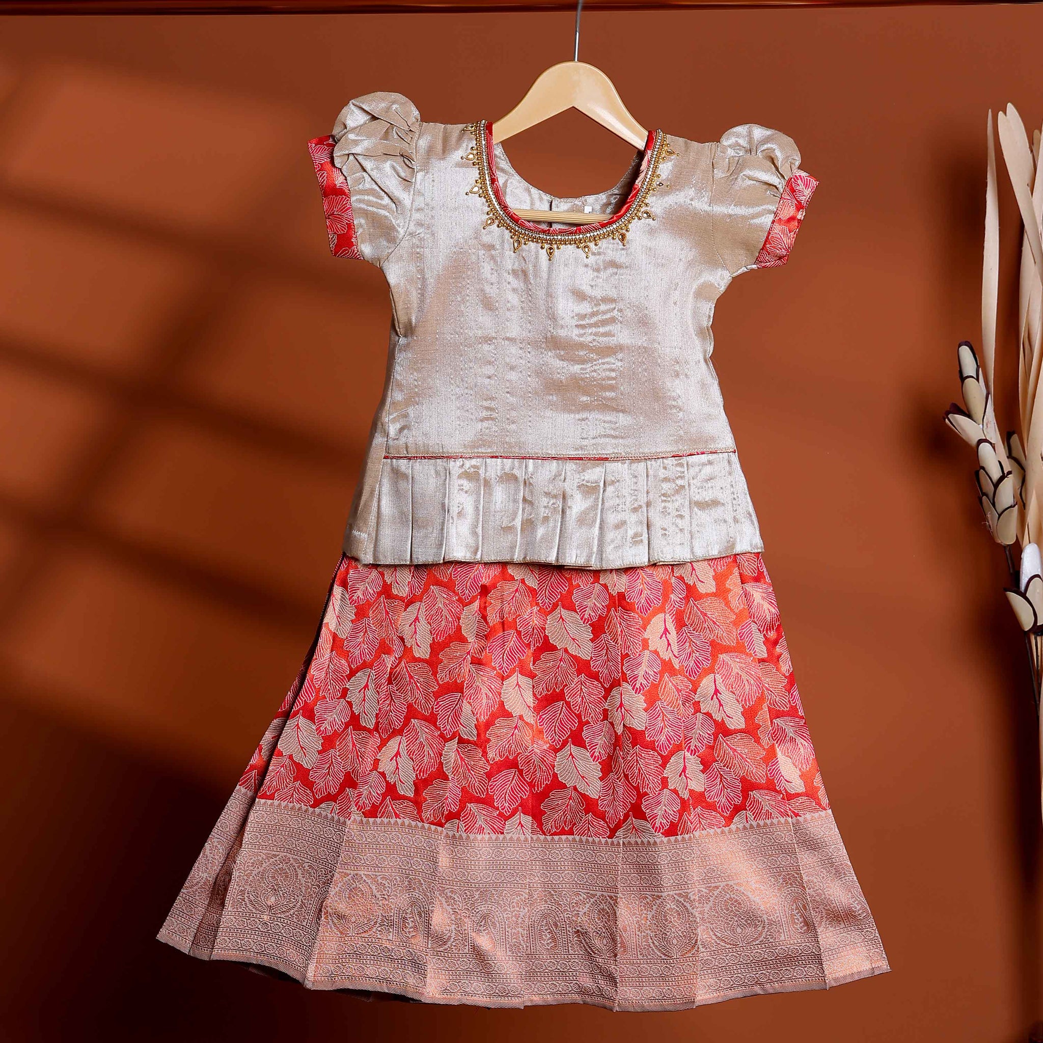 Kids Readymade Pattu Pavadai Set with Embellished Neck Puff Sleeve Blouse and Printed Silk Skirt - Gold