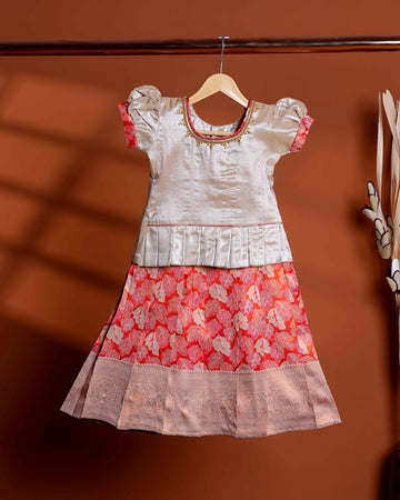 Kids Readymade Pattu Pavadai Set with Embellished Neck Puff Sleeve Blouse and Printed Silk Skirt - Gold