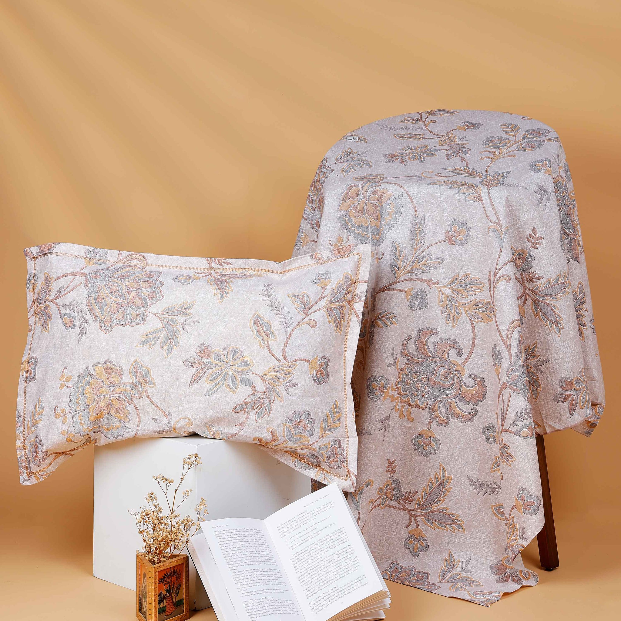 Ethereal Floral Dream Single Bed Cover With Pillow Cover- Cream