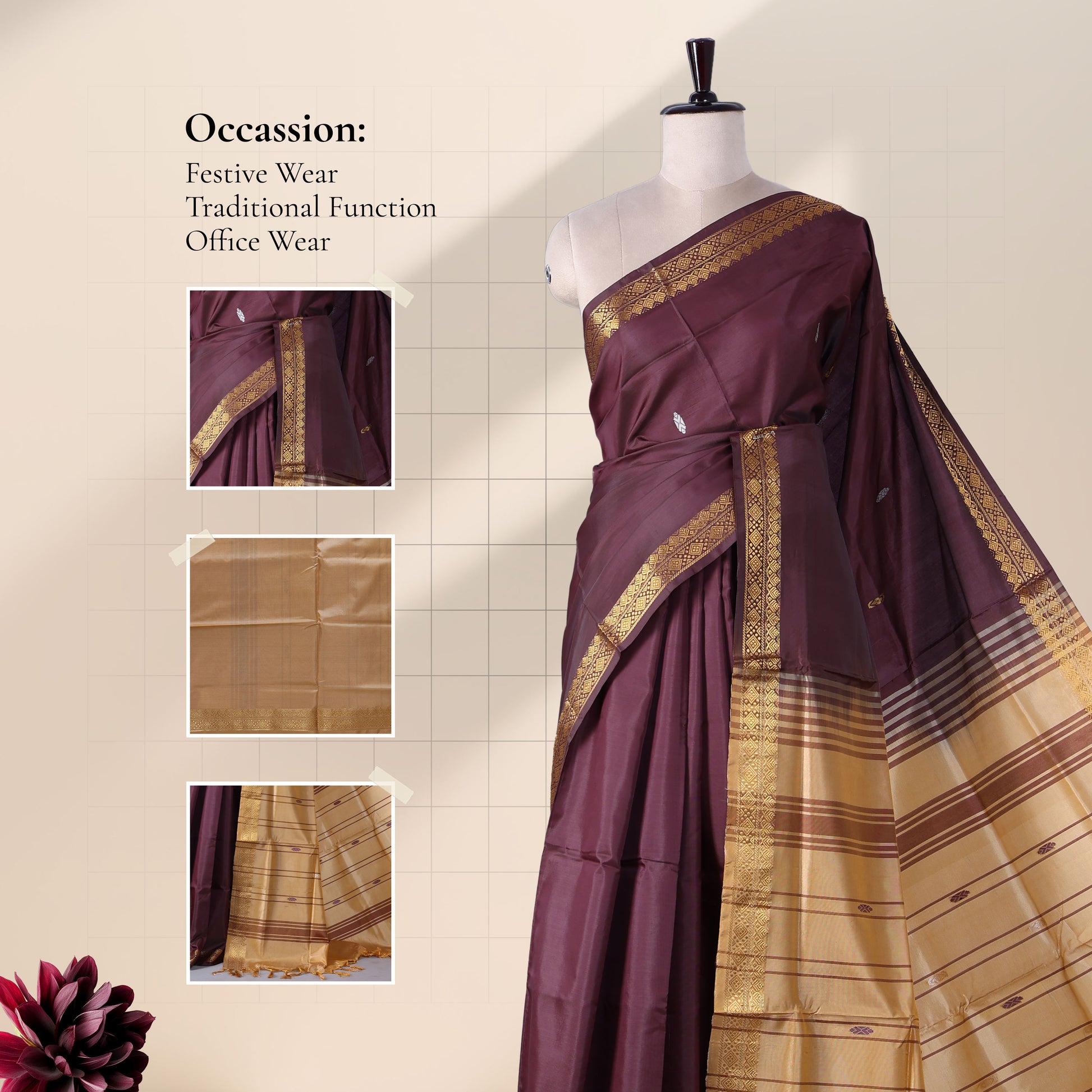 Banana Pith Saree in Maroon with Beige Pallu and Intricate Gold Zari Border