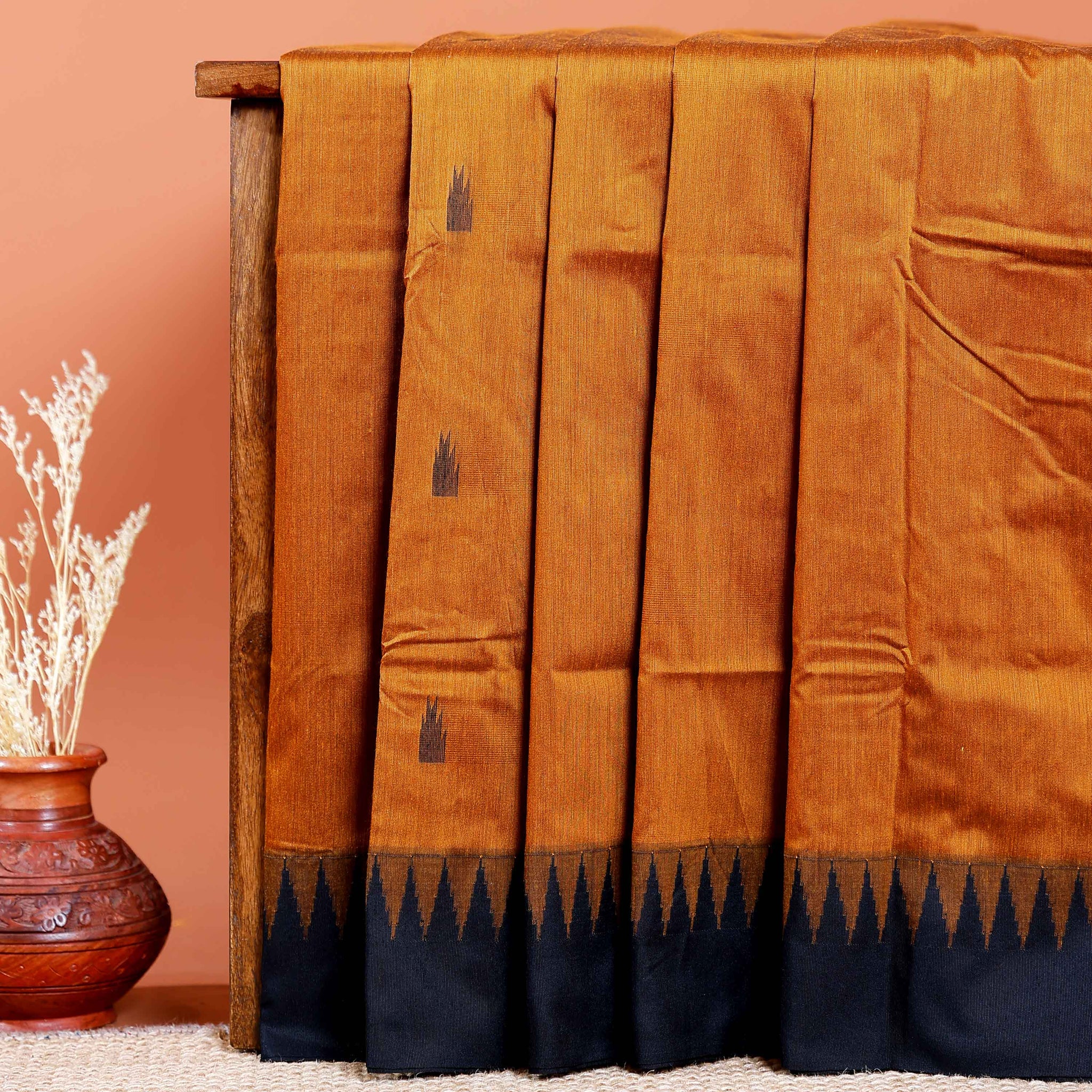 Handloom Kalyani Cotton Saree with Temple Border & Buti Motifs - Mustard