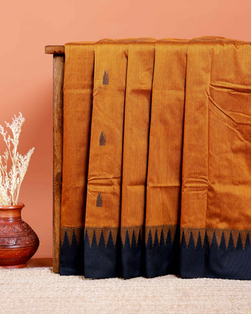 Handloom Kalyani Cotton Saree with Temple Border & Buti Motifs - Mustard