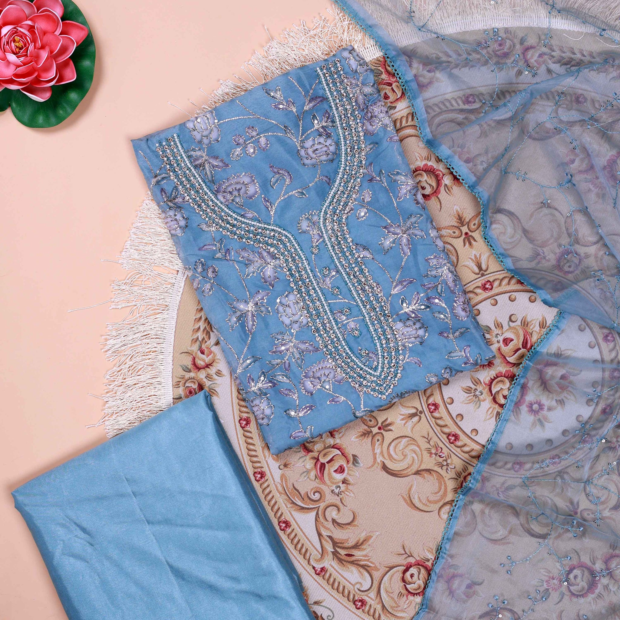 Women's Floral Embroidered Salwar Suit Material with Beaded Neckline and Net Dupatta - Blue
