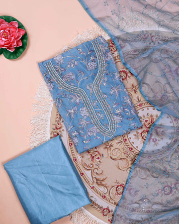 Women's Floral Embroidered Salwar Suit Material with Beaded Neckline and Net Dupatta - Blue
