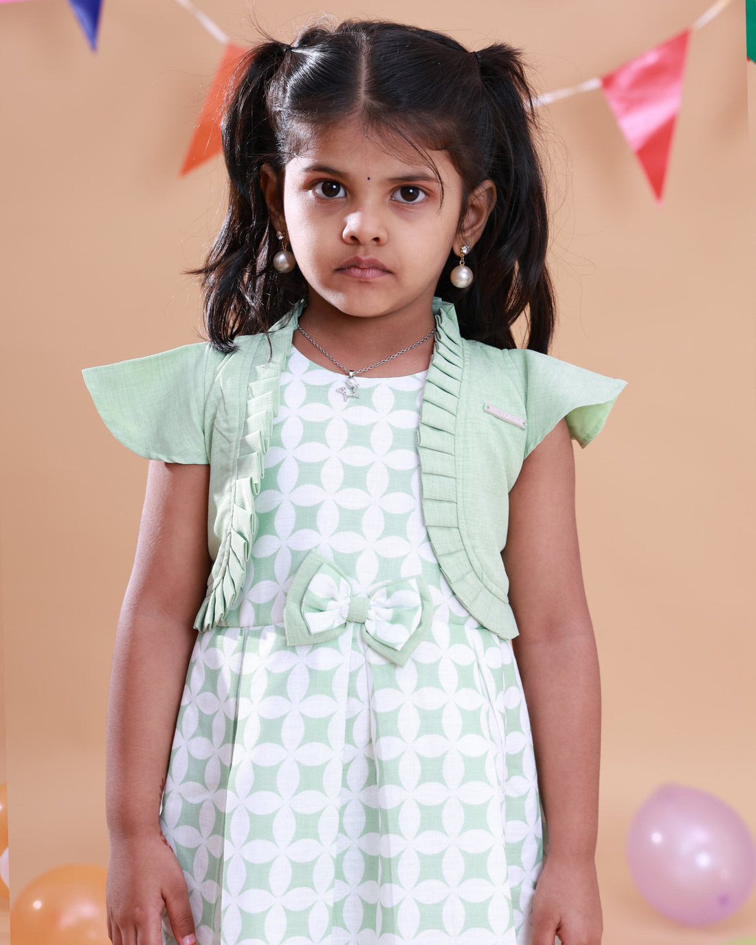 Elegant Kids' Party Wear Frock with Shrug and Bow Detail - Green