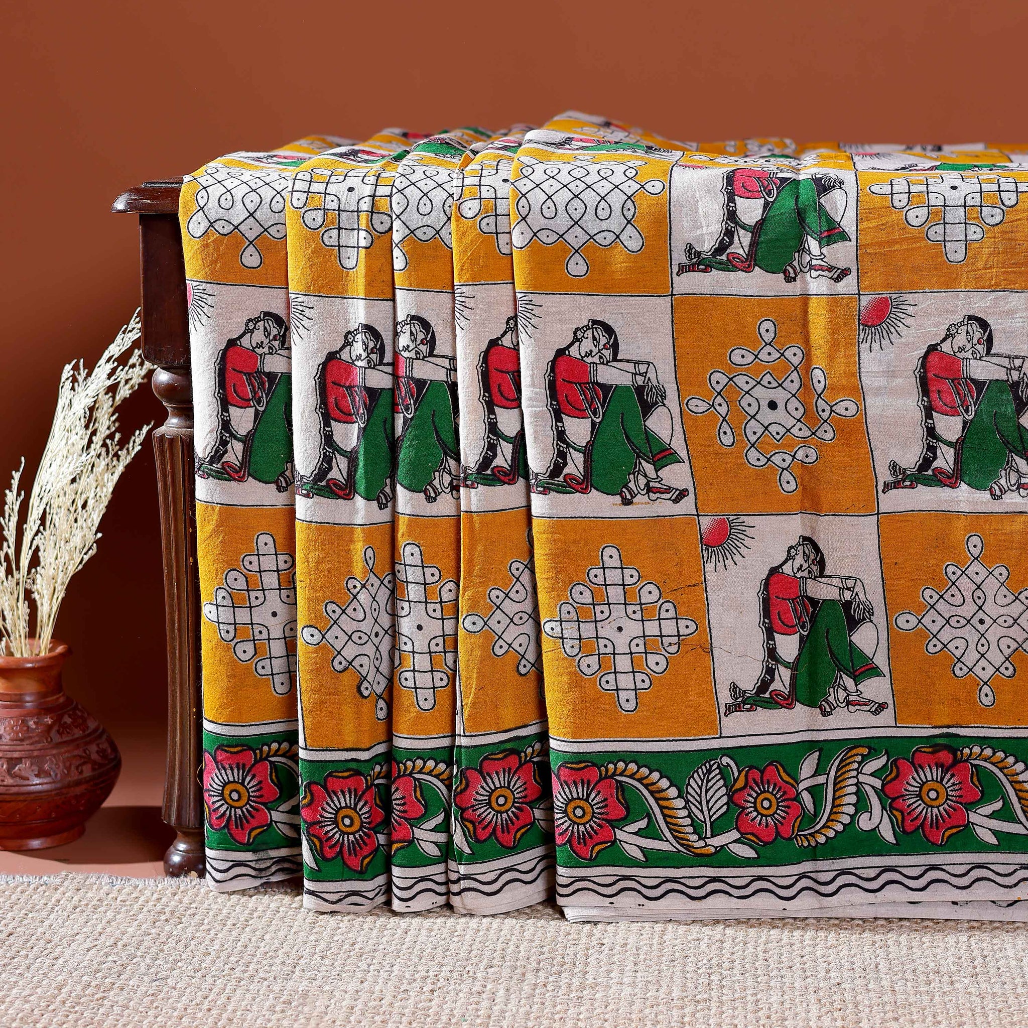 Traditional Handloom Kalamkari Cotton Saree with Intricate Floral and Avian Motifs - Yellow