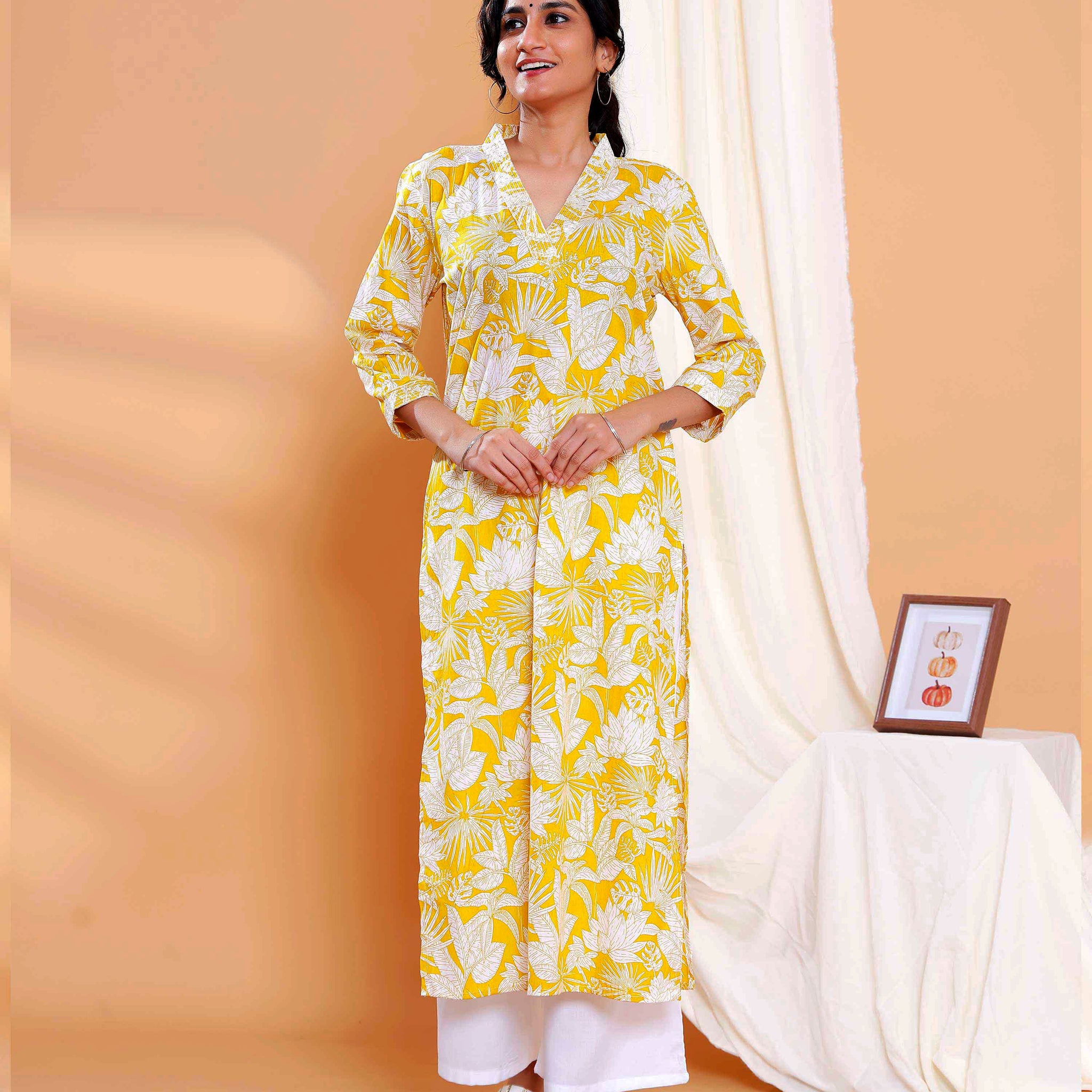Floral Printed Straight Kurta with V-Neck and 3/4th Sleeves - Yellow