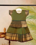 Classic Kids Pattu Pavadai Readymade a Traditional Ethnic Gown with Zari Border and Puff Sleeves, Light Green