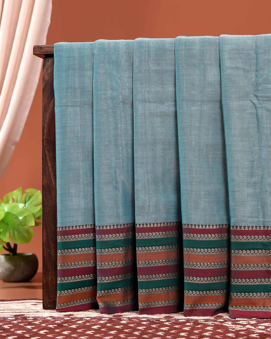 Traditional Narayanpet Cotton Saree Classic Temple Border and Striped Pallu - Light Blue