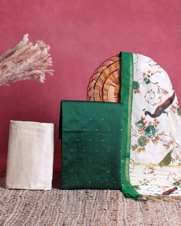 Women’s Unstitched Salwar Suit Material Set 2.5 Mtr Top, 2 Mtr Bottom & 2.25 Mtr Printed Dupatta - Dark Green