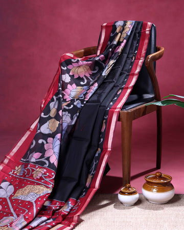 Elegant Semi Chanderi Saree with  Floral Motifs and A Plain Gold Woven Border - Black