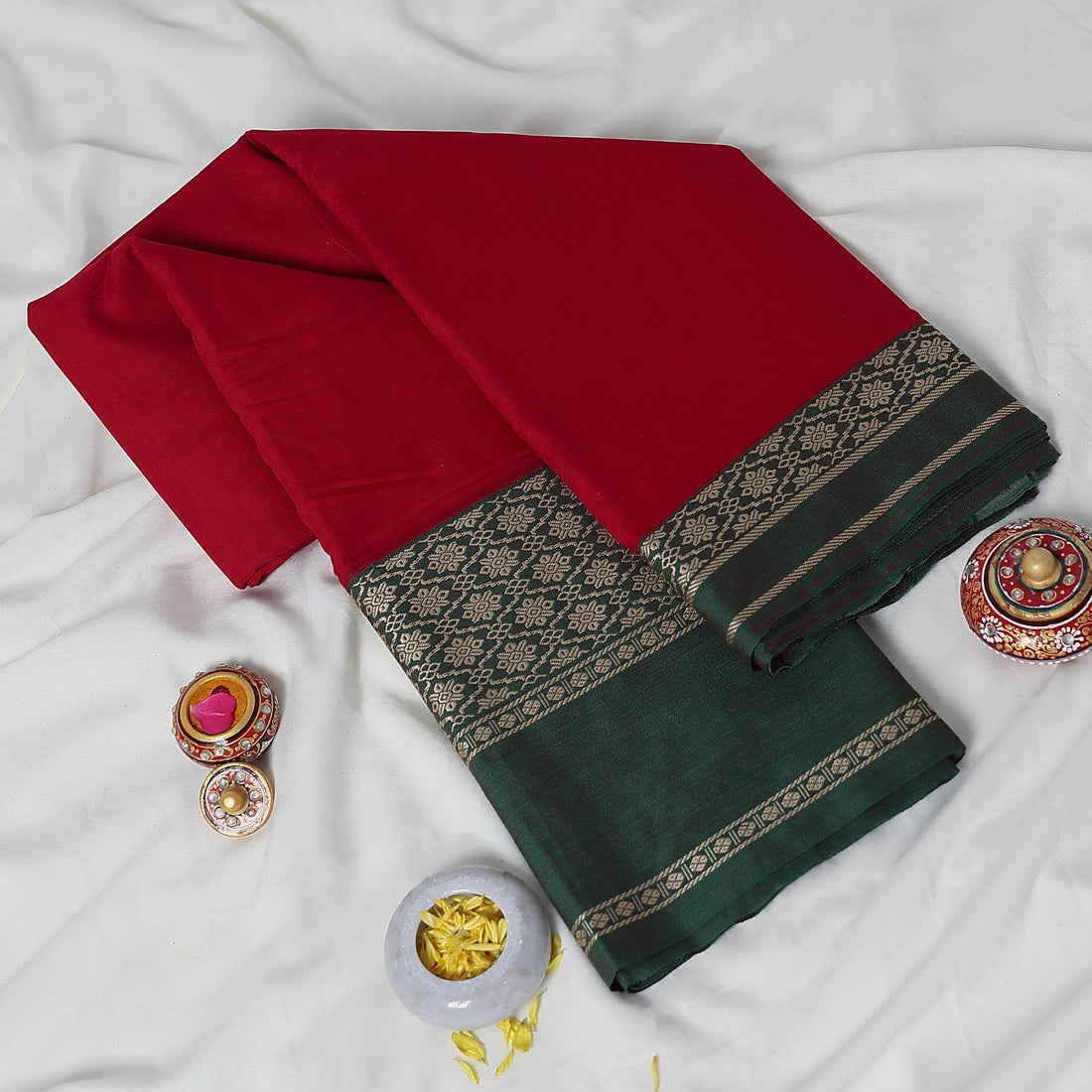 Red Mangalagiri Cotton Saree With Green Zari Border And Woven Pallu - Full View
