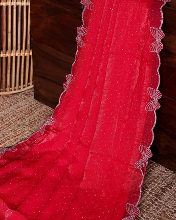 Classic Embellished Fancy Saree with Delicate Butterfly Patterned Lace Border - Red