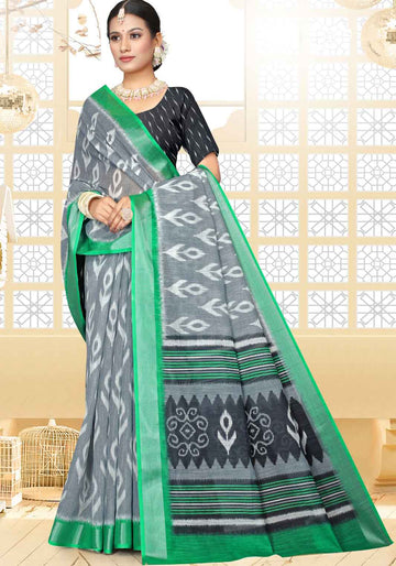 Light Grey With Green Color Ikkat Saree - IK16