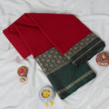Mangalagiri Cotton Saree Red With  Green Zari Border And Traditional Woven Patterns