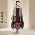 Dark Maroon Salwar Suit Material With Gray Bottom Fabric And Colorful Ikat Dupatta - Front View
