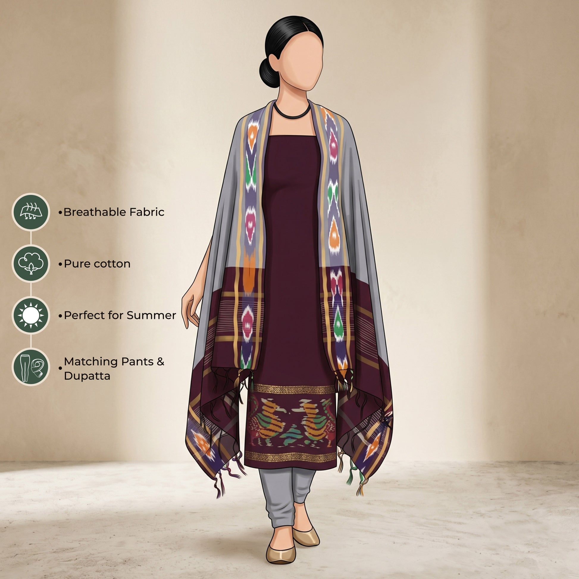 Dark Maroon Salwar Suit Material With Gray Bottom Fabric And Colorful Ikat Dupatta - Front View
