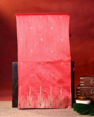 Traditional Paithani Inspired Raw Silk Saree with Butti Motifs and Elegant Temple Inspired Border - Pink