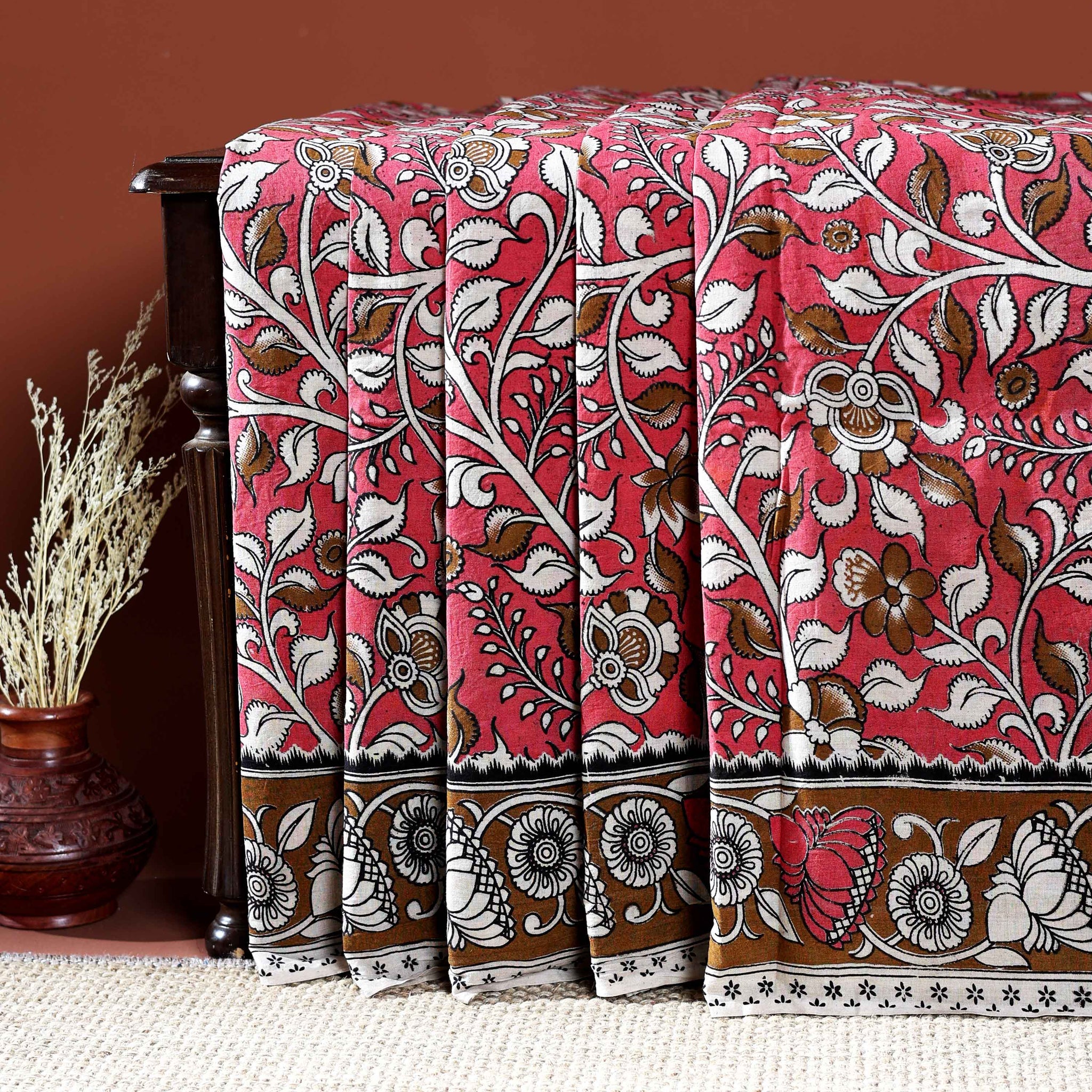 Traditional Handloom Kalamkari Cotton Saree with Intricate Floral and Avian Motifs - Red
