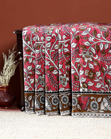 Traditional Handloom Kalamkari Cotton Saree with Intricate Floral and Avian Motifs - Red