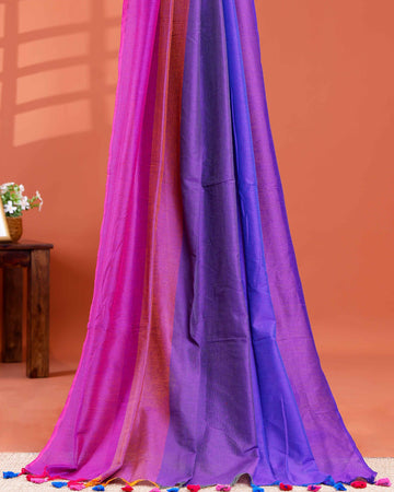 Handwoven Mul Mul Cotton Saree with Bold Striped Pattern and Tassel Detailing - Multi
