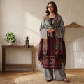 Dark Maroon Salwar Material Set With Grey Pants Fabric And Colorful Ikat Dupatta Full Length Front View