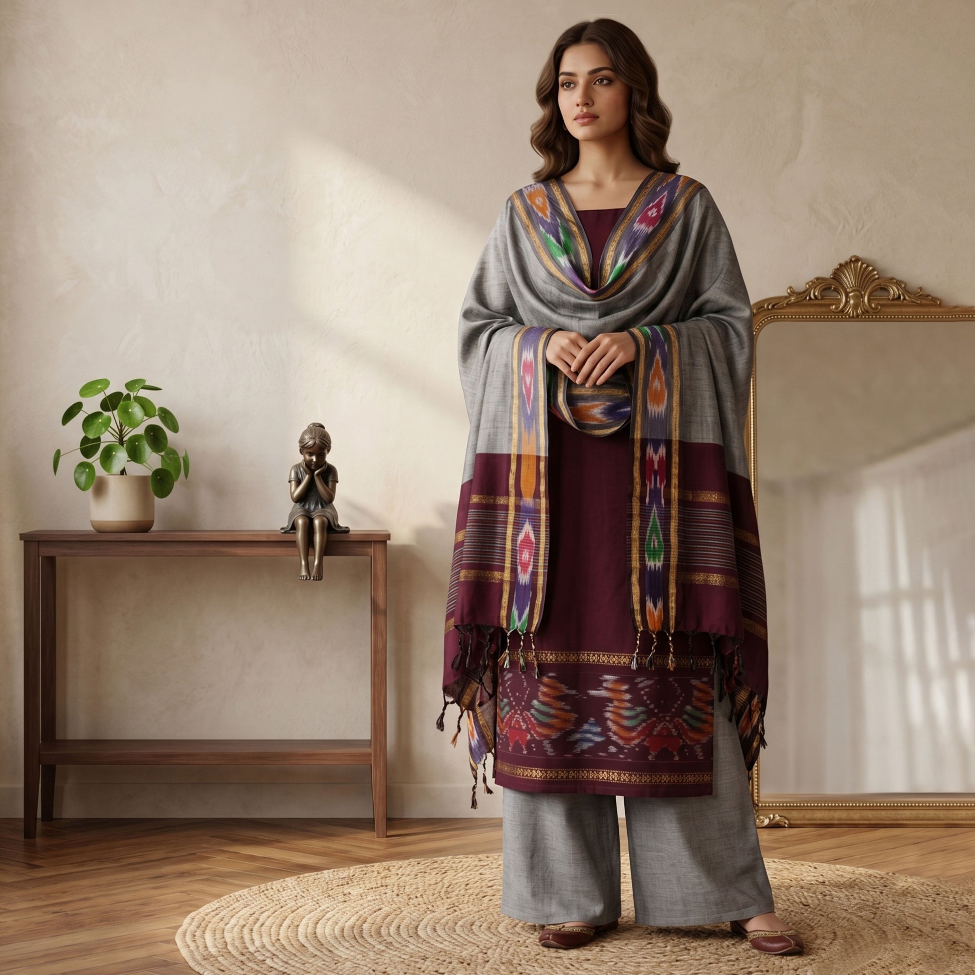 Dark Maroon Salwar Material Set With Grey Pants Fabric And Colorful Ikat Dupatta Full Length Front View