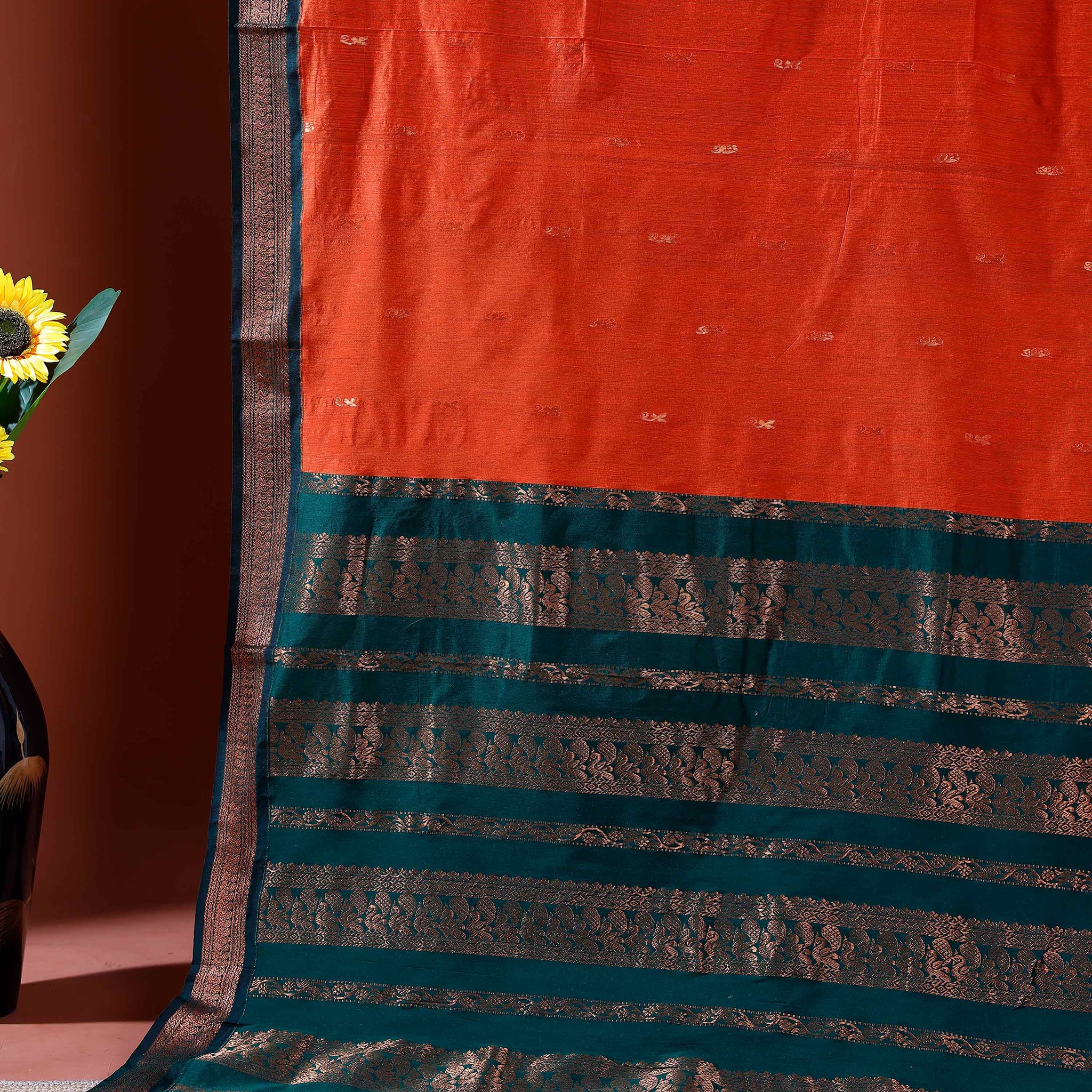 Elegant Kalyani Cotton Saree with Traditional Woven Design and Zari Border - Orange