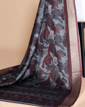 Grey Art Silk Saree with Intricate Floral and Geometric Weave Pattern