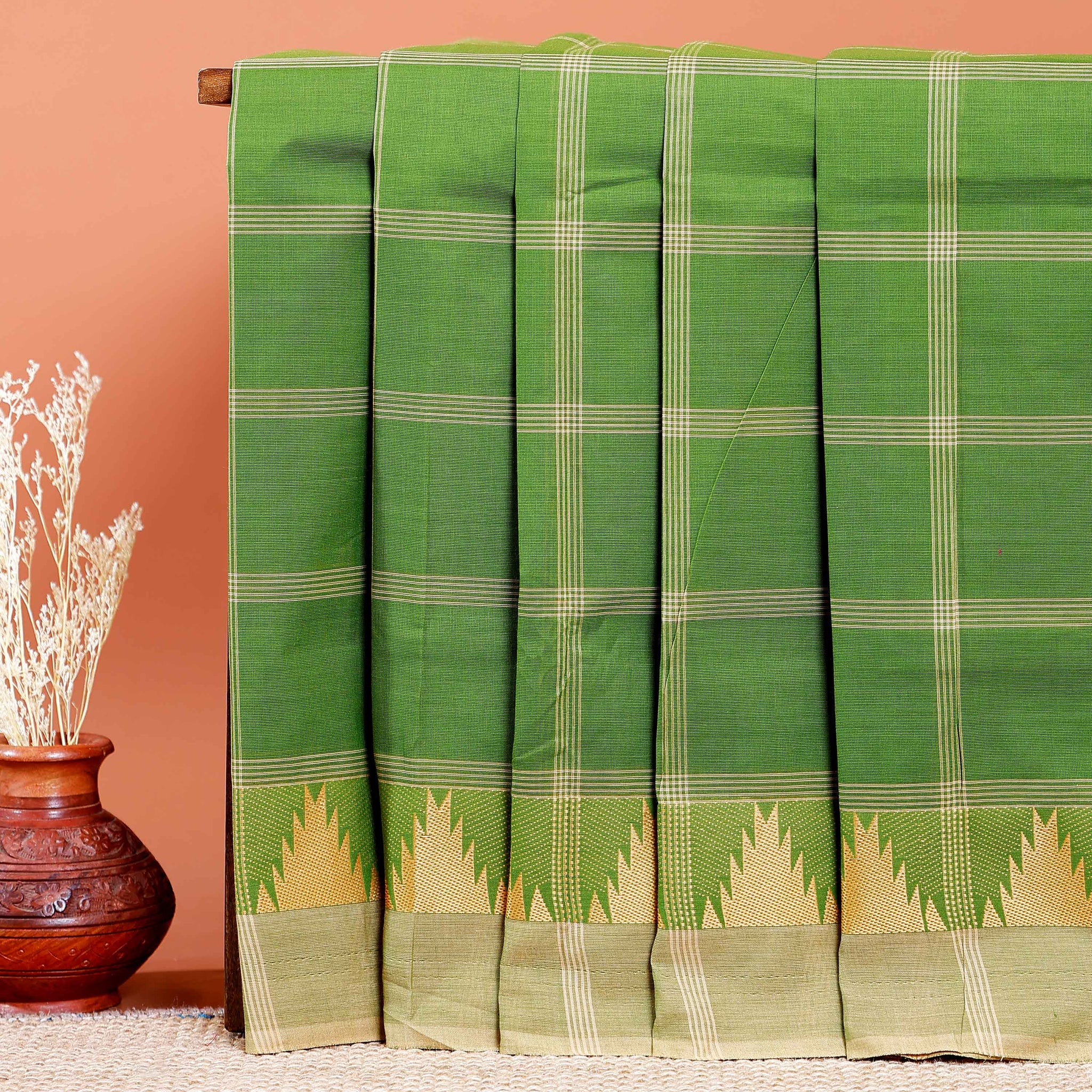 Traditional Chettinad Cotton Saree with Checked and Temple Border - Green