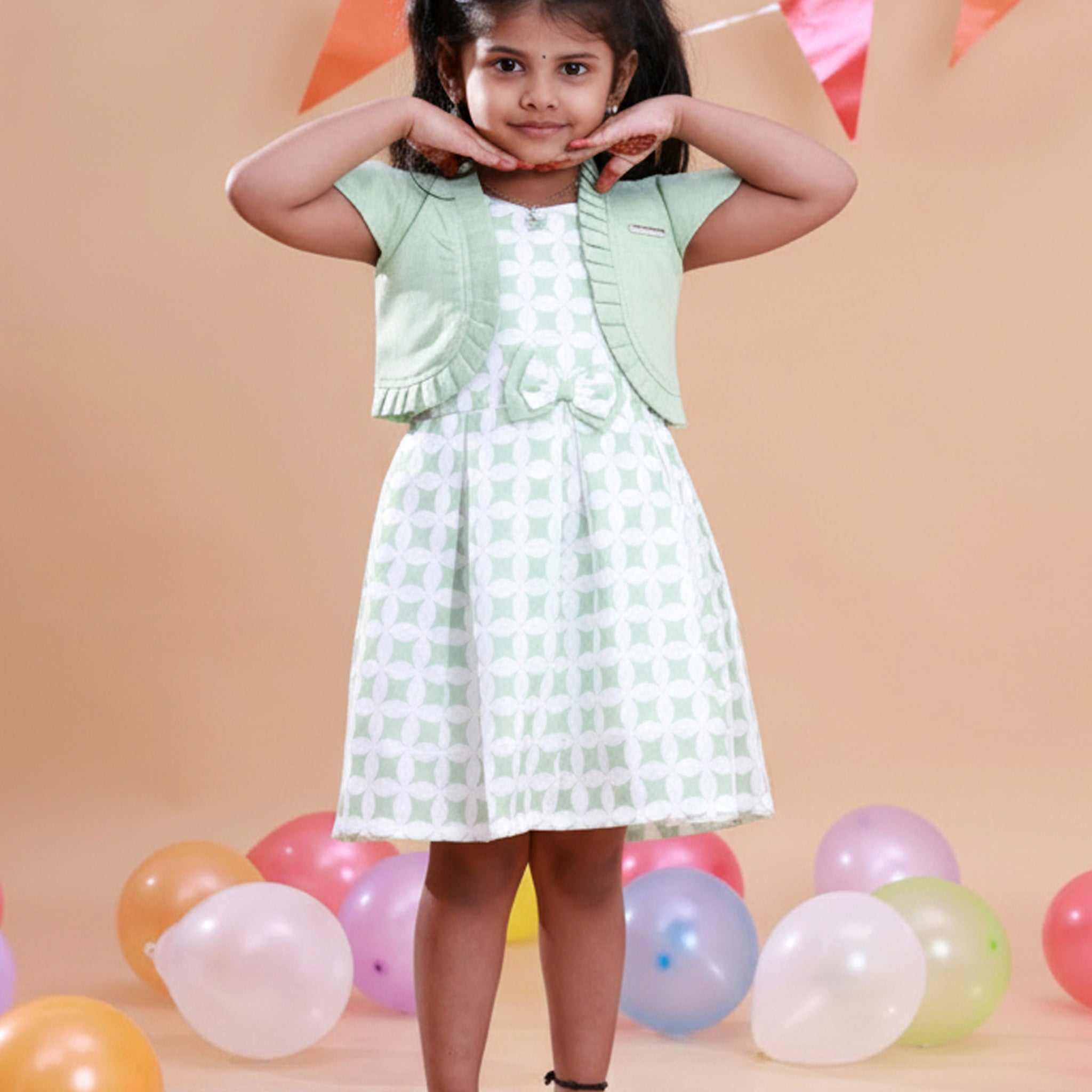 Elegant Kids' Party Wear Frock with Shrug and Bow Detail - Green