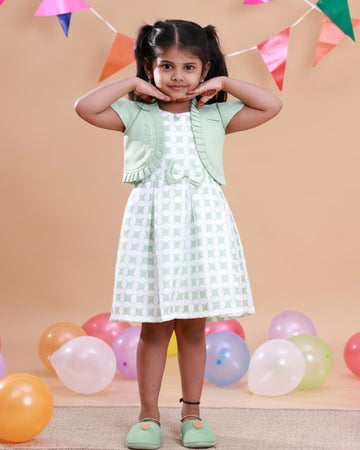 Elegant Kids' Party Wear Frock with Shrug and Bow Detail - Green
