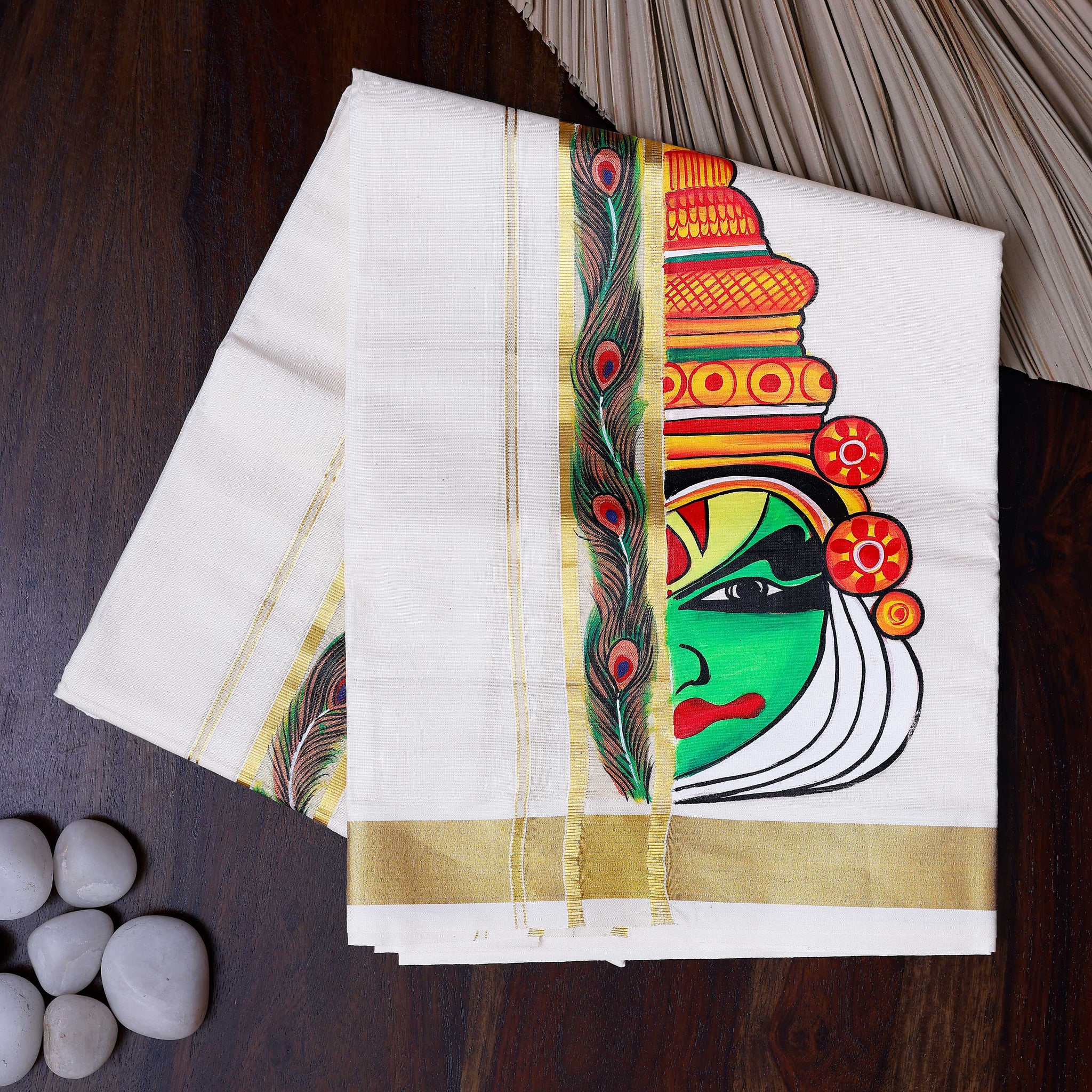 Men's Traditional Kathakali Mural Painted Kasavu Cotton Dhoti with Golden Kasavu Border - White