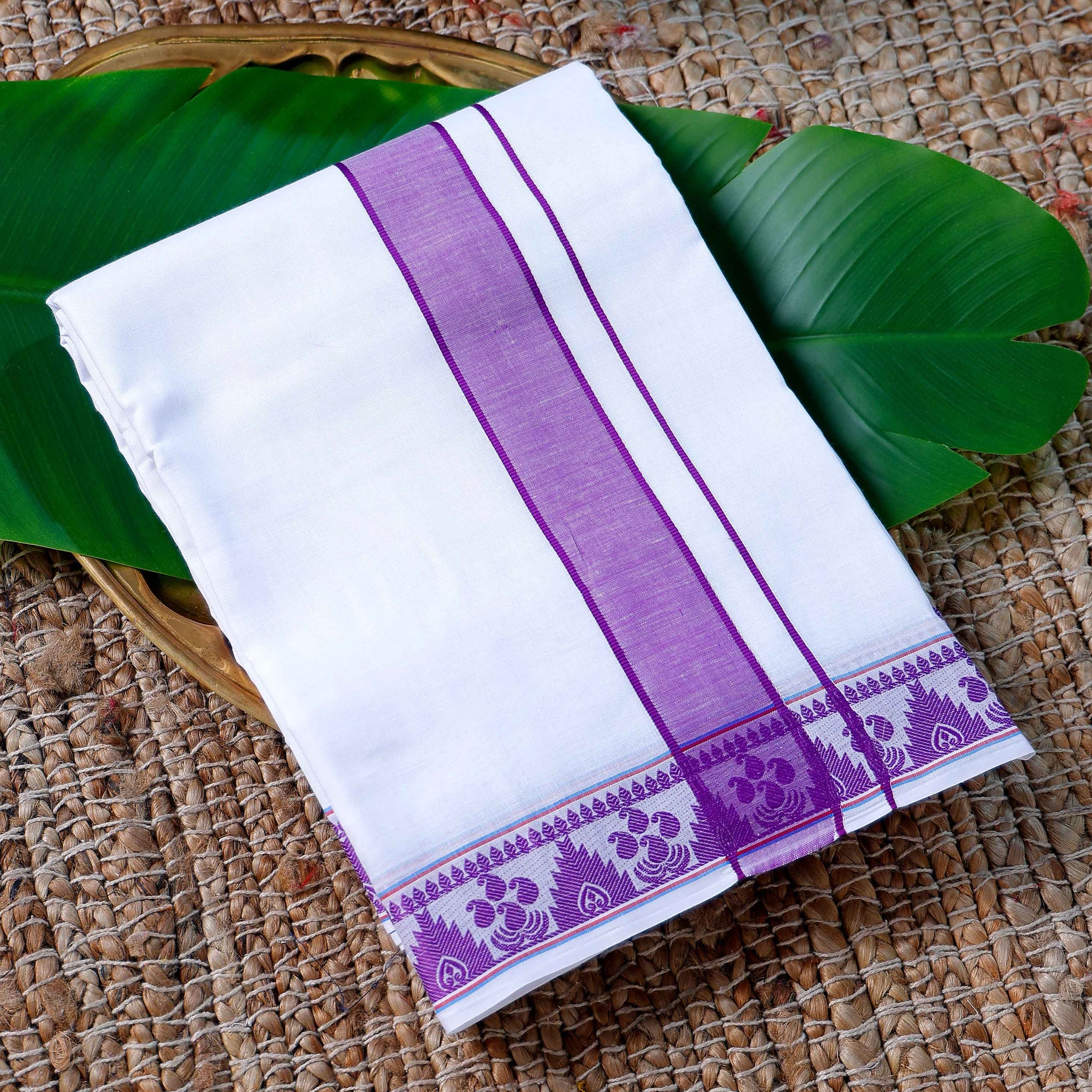Men’s Cotton Dhoti with Violet Colour Border - White