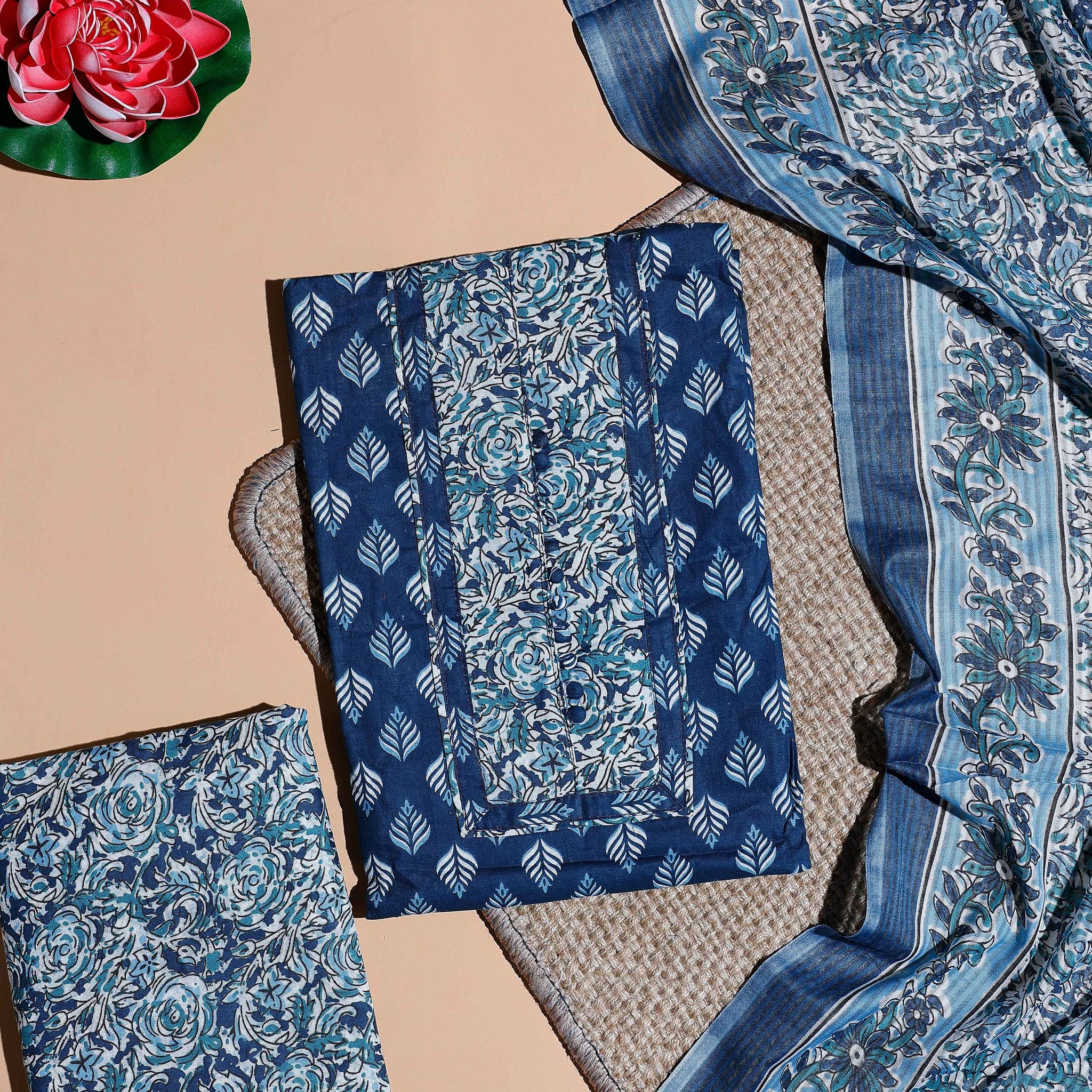 Women's Hand-Block Printed Floral and Leaf Motif Cotton Suit Set with Kota Doria Dupatta  - Blue