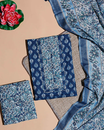Women's Hand-Block Printed Floral and Leaf Motif Cotton Suit Set with Kota Doria Dupatta  - Blue