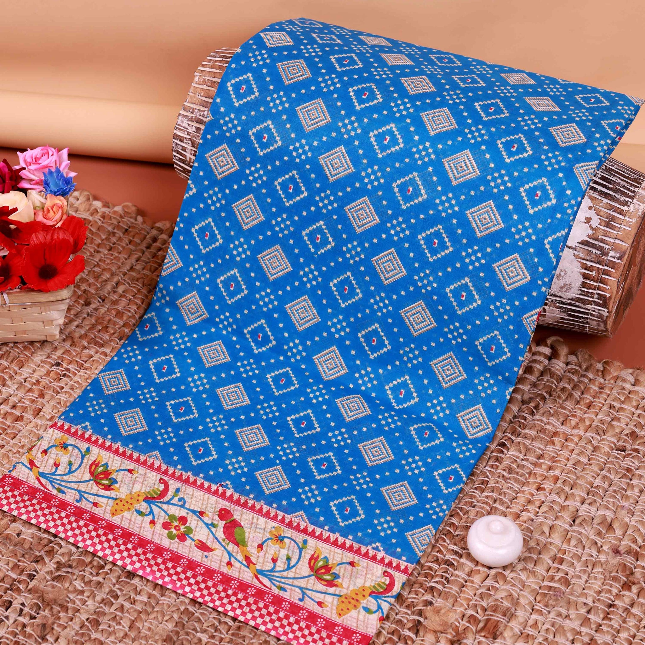 All-Over Floral Printed Voile Saree with Intricate Contrast Border – Blue