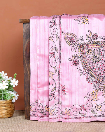 Elegant Hand Embroidered Kantha Work Saree with Intricate Floral and Paisley Motifs and Embroidered Border - Pink