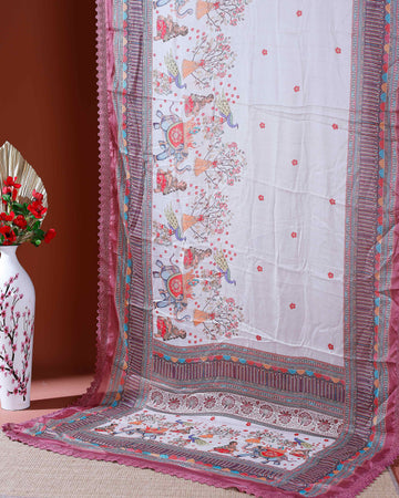 Designer Georgette Saree with Royal Procession Print and Intricately Woven Traditional Border - Cream