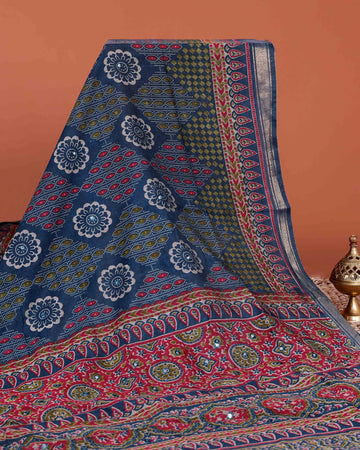 Classic Semi Chanderi Saree with Floral Inspired Print and Zari Border - Teal