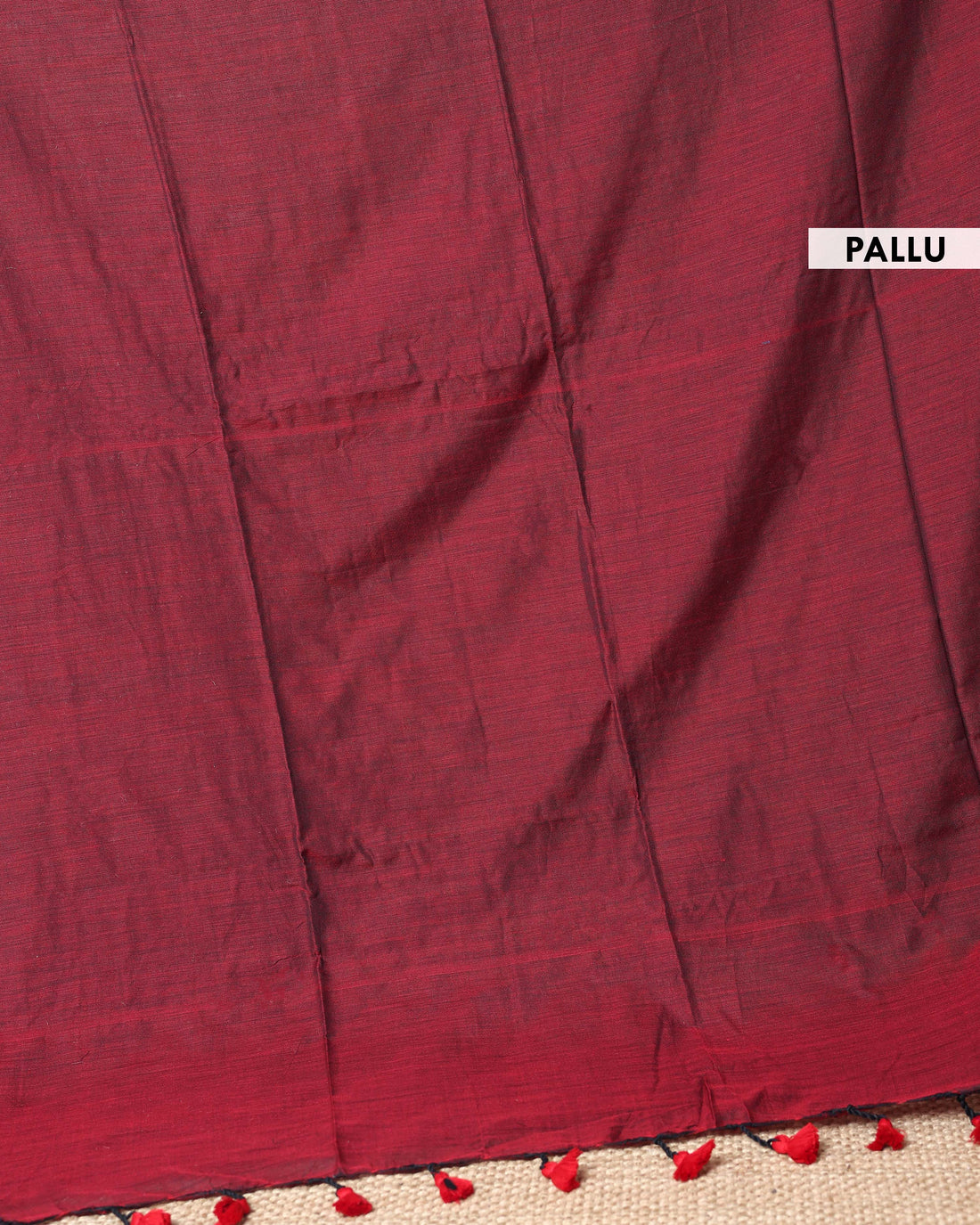 Handwoven Khadi Cotton Saree with Contrast Printed Blouse and Tassel Accents - Maroon