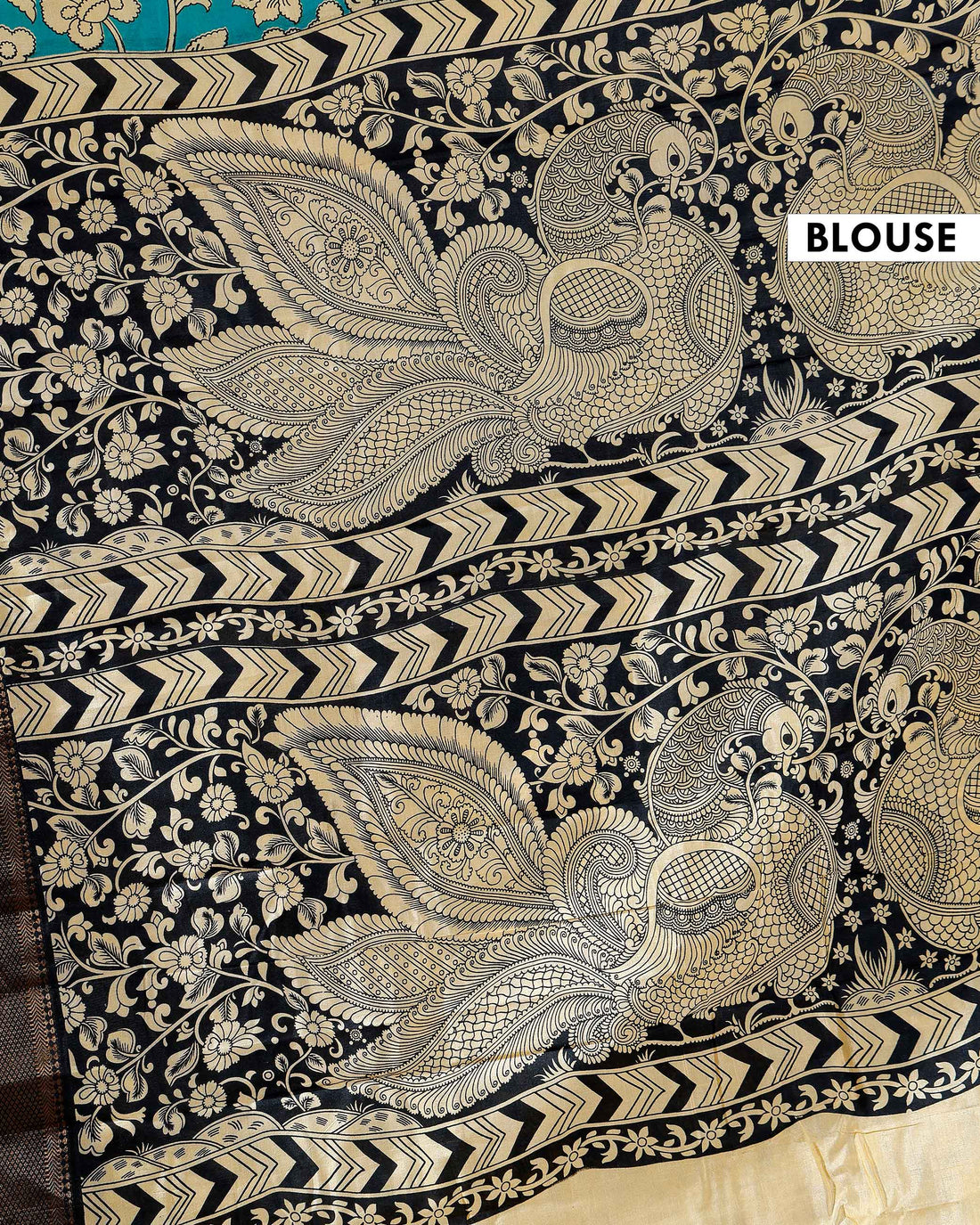 Traditional Mangalagiri Kalamkari Cotton Saree with Intricate Floral and Avian Motifs - Blue