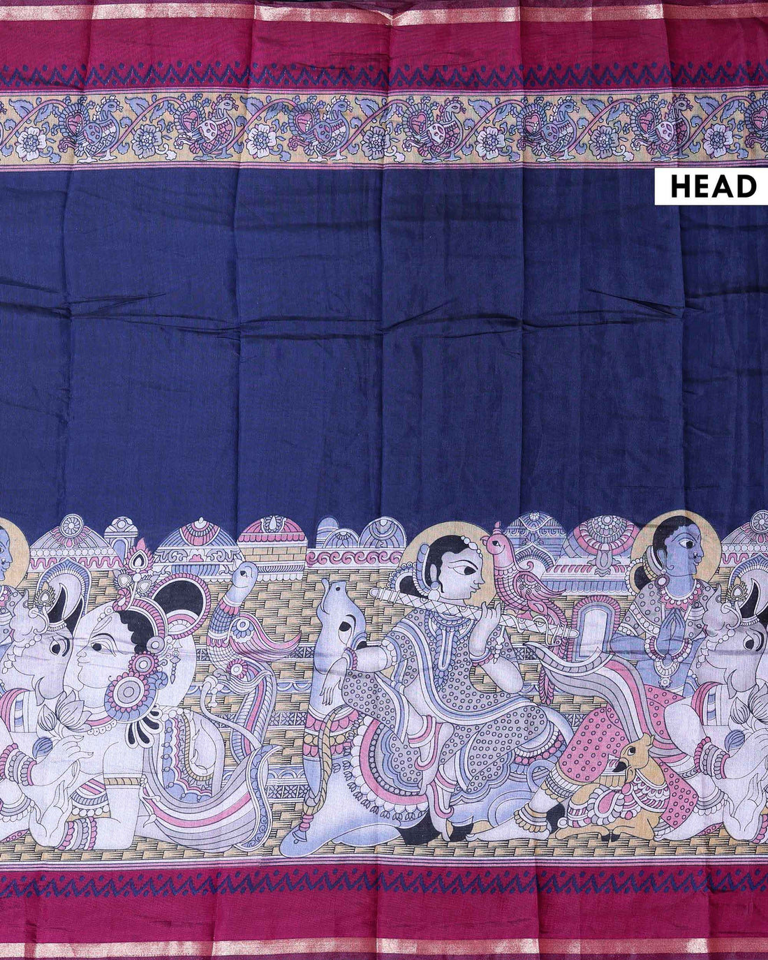 Elegant Semi Chanderi Saree with a Half Plain and Half Madubani Inspired Body and a Plain Border - Navy