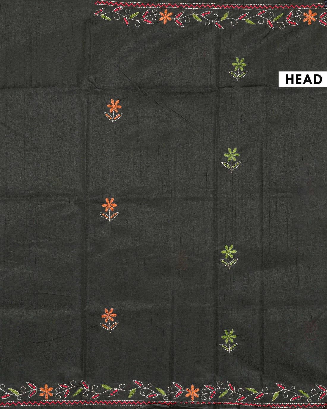 Elegant Hand Embroidered Kantha Work Tussar Saree with Detailed Floral Motifs - Dark Grey