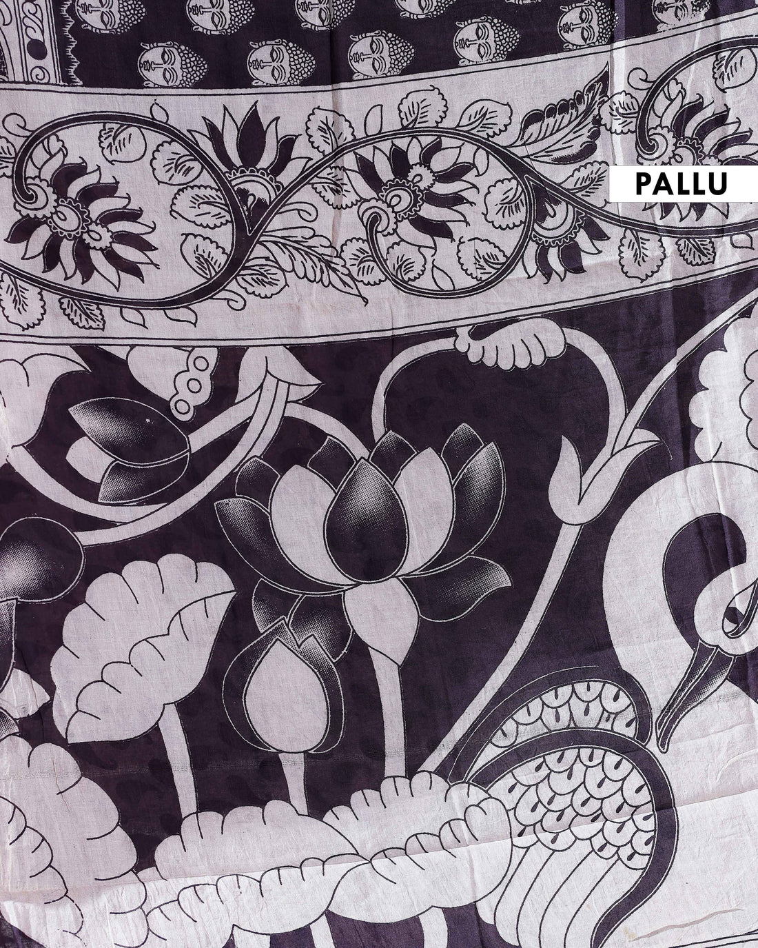 Traditional Handloom Kalamkari Cotton Saree with Intricate Floral and Avian Motifs - Navy Blue