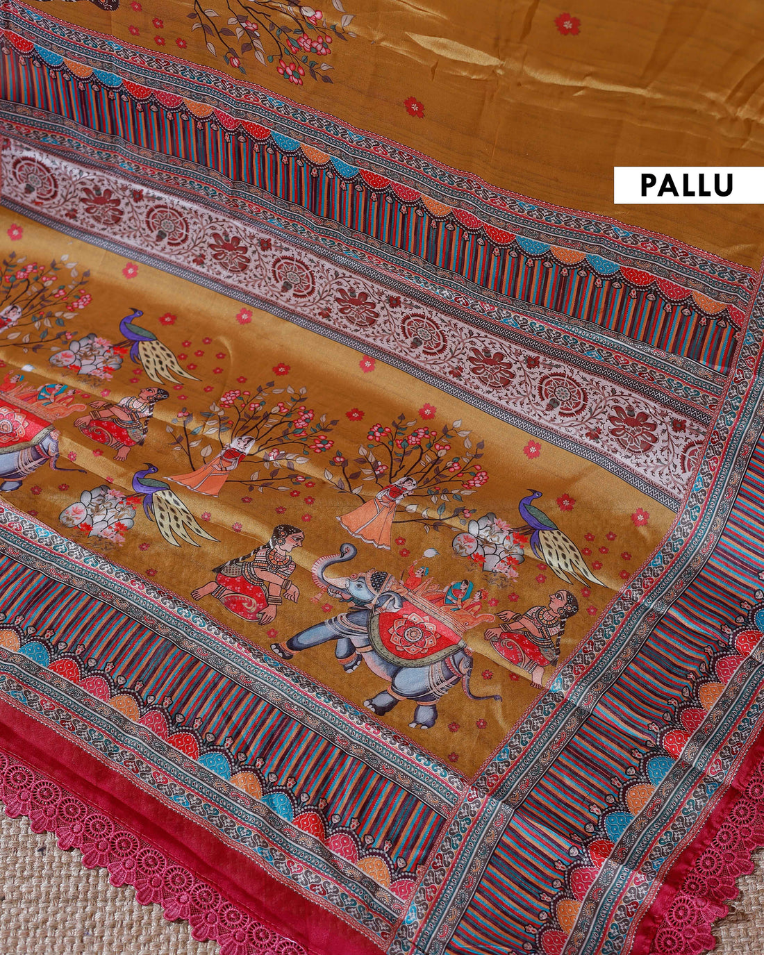 Designer Georgette Saree with Royal Procession Print and Intricately Woven Traditional Border - Mustard